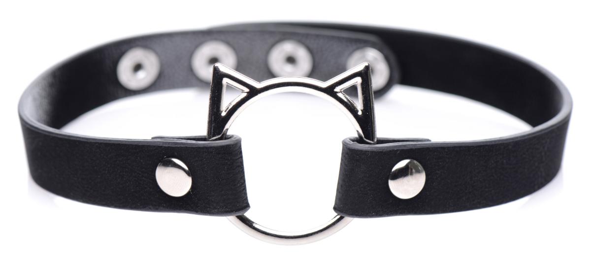 Δερμάτινο κολάρο με δαχτυλίδι σε σχήμα cats head - kinky kitty ring slim choker - black