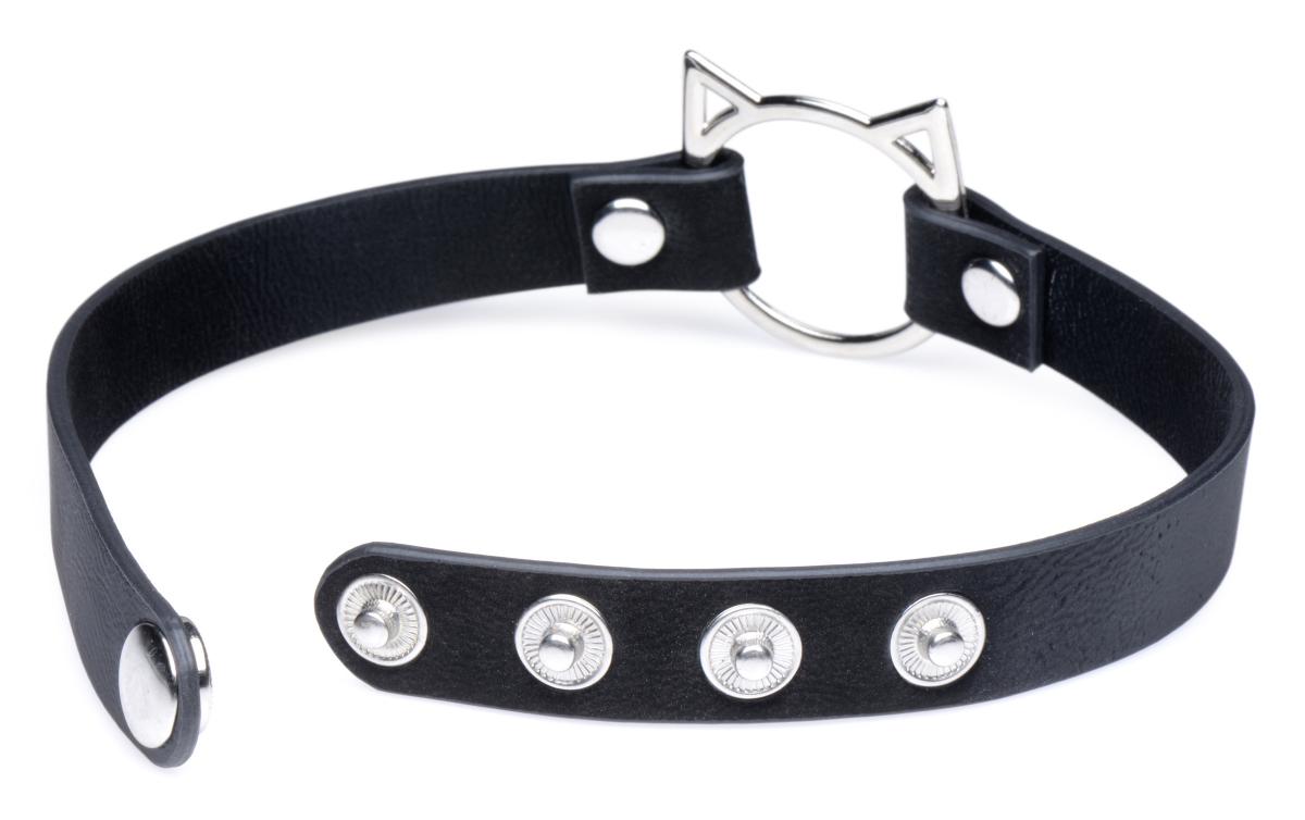 Δερμάτινο κολάρο με δαχτυλίδι σε σχήμα cats head - kinky kitty ring slim choker - black