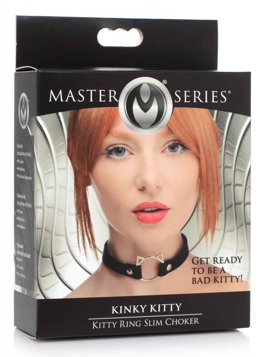 Δερμάτινο κολάρο με δαχτυλίδι σε σχήμα cats head - kinky kitty ring slim choker - black