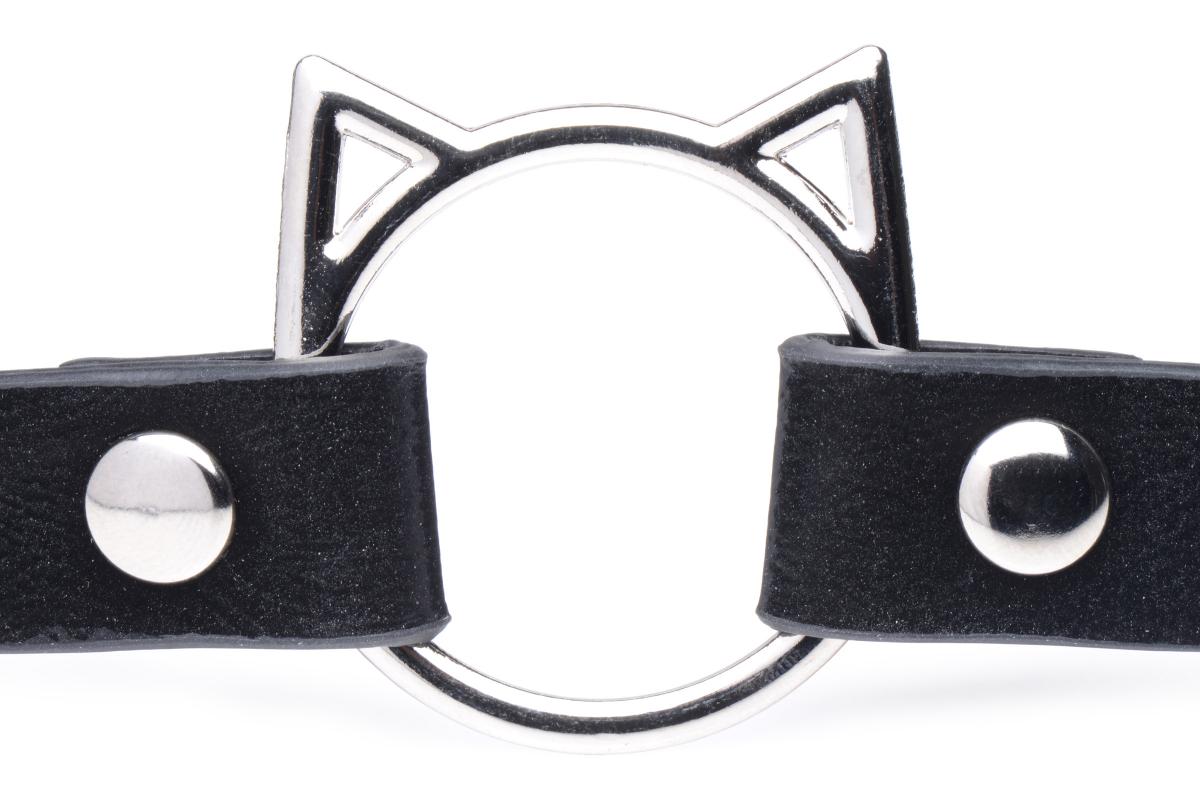 Δερμάτινο κολάρο με δαχτυλίδι σε σχήμα cats head - kinky kitty ring slim choker - black