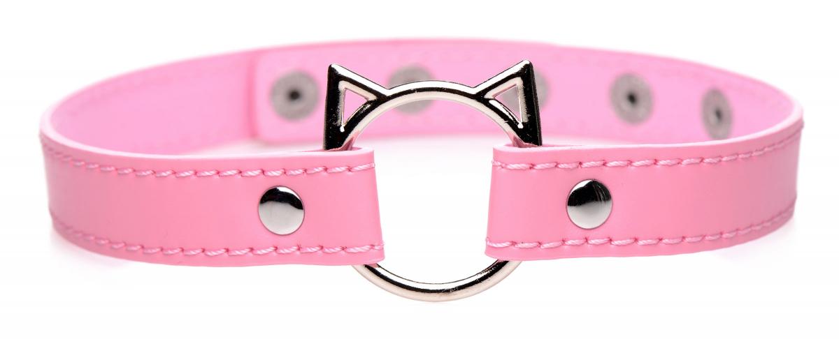 Δερμάτινο κολάρο με δαχτυλίδι σε σχήμα cats head - kinky kitty ring slim choker - pink