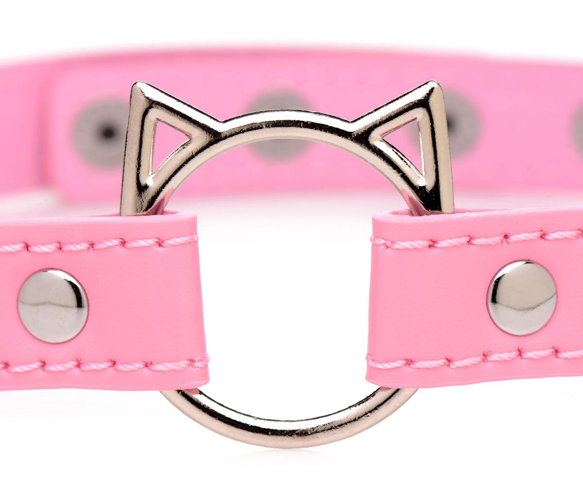 Δερμάτινο κολάρο με δαχτυλίδι σε σχήμα cats head - kinky kitty ring slim choker - pink