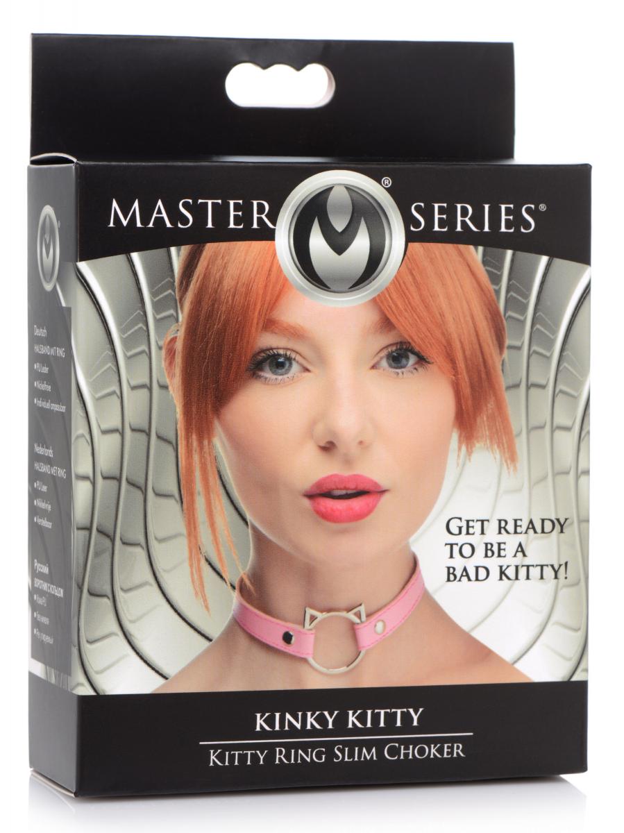 Δερμάτινο κολάρο με δαχτυλίδι σε σχήμα cats head - kinky kitty ring slim choker - pink