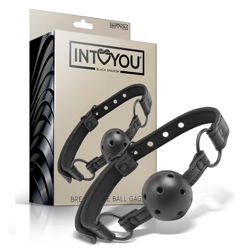 Δερμάτινο φίμωτρο με ανοιχτή μπάλα -intoyou  black shadow adjustable breathable ball gag vegan leather